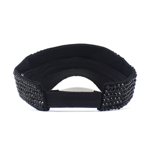 Women's black sun visor hat with sparkling rhinestones and adjustable strap closure