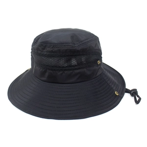 Detail view of black outdoor bucket hat with breathable mesh band and windproof strap