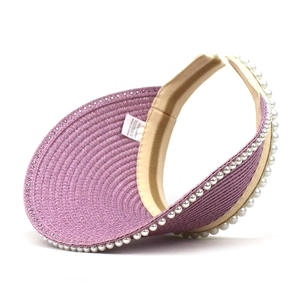 Purple straw sun visor for women with elegant pearl trim and wide brim design