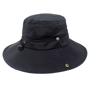 Detail view of black sun hat featuring breathable side mesh and adjustable windproof strap