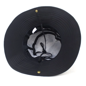 Breathable black outdoor sun hat with wide brim, mesh lining and adjustable wind rope