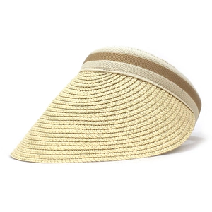 Detail of beige straw sun hat with woven texture and protective wide brim design