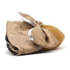 Foldable straw sun hat with large khaki bow, UV protection lining and zipper storage design