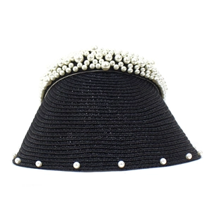 Women's black woven straw sun hat with elegant pearl embellishments and wide brim style
