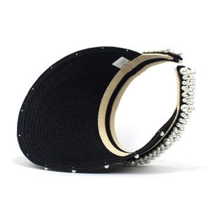 Black straw sun visor for women with elegant pearl and silver bead trim decorations