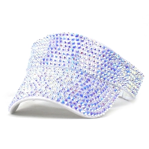 Detailed macro view of white sun visor hat with sparkling rainbow AB rhinestones