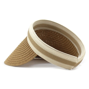 Detail of the woven texture and contrast color stripes on a beige summer sun visor hat