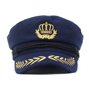 Vintage navy flat top cap with gold crown embroidery and wheat branch detailing