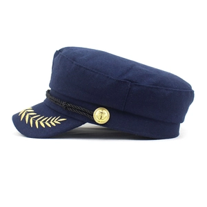 Vintage navy flat top cap in dark blue wool with gold wheat embroidery and anchor buttons