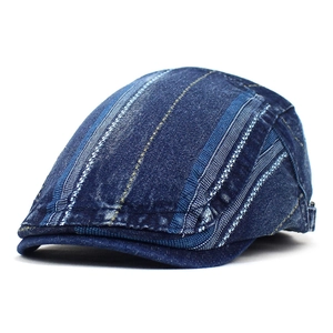 Vintage Denim Striped Beret Hat For Men Women Cotton Washed Flat Cap Retro Newsboy Ivy Cap Adjustable Outdoor Sun Hat