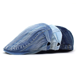 Three shades of vintage cotton denim ivy caps with contrast stitching and metal buckles