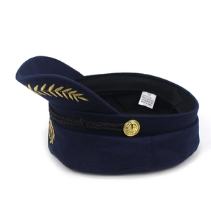 Vintage navy flat top cap with gold wheat embroidery and decorative anchor buttons