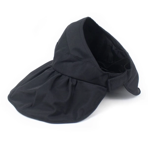 Detail of adjustable velcro strap and wavy brim on black wide-brim sun visor hat
