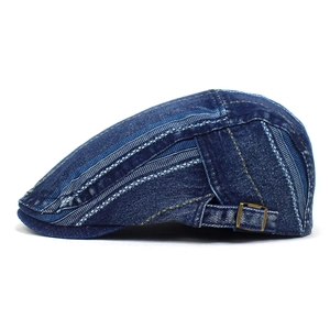 Retro patchwork denim flat cap with adjustable buckle and contrast stitching