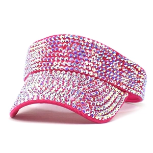 Close-up of rose red sun visor hat featuring sparkling multi-color rhinestone embellishments