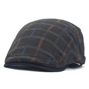 Classic vintage plaid beret flat cap in dark grey and blue thick cotton fabric