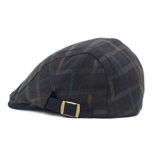 Vintage plaid cotton beret cap with adjustable gold metal buckle in dark blue and red tones