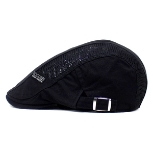 Detail view of black men's summer beret with breathable mesh and metal buckle