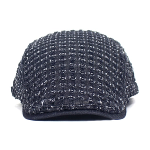 Deep blue tweed newsboy cap with distressed denim brim and woven silver threads