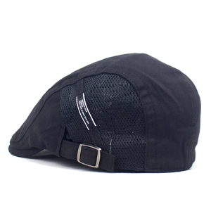 Men's black mesh breathable flat cap with side letter patch and adjustable buckle