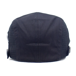 Rear view of black flat cap showing mesh side panels and silver metal adjustable buckles