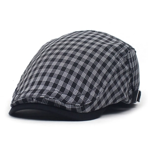 British style black and white plaid ivy cap with adjustable metal buckle and black brim