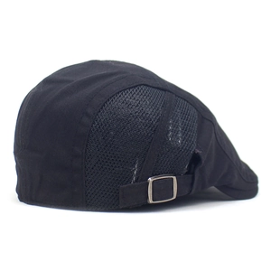 Detail of black cotton ivy cap featuring breathable side mesh and silver metal buckle