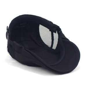 Breathable black cotton flat top cap with side mesh and adjustable metal buckle