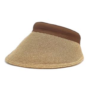 Women's summer straw visor with wide brim and brown trim for sun protection outdoors