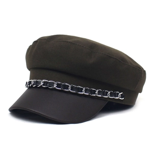 Deep olive green wool baker boy hat with leather brim and decorative silver chain