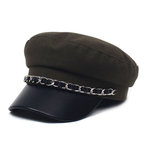 Women Fashion Navy Cap Baker Boy Hat PU Leather Brim Metal Chain Decoration Flat Top British Style Newsboy Cap Retro Headwear