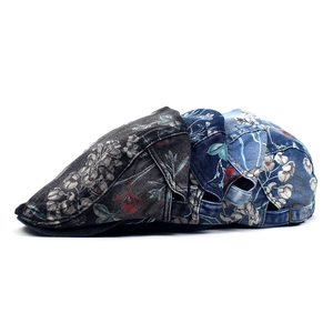 Vintage denim baretmutsen met bloemenprint voor heren en dames met verstelbare gespen