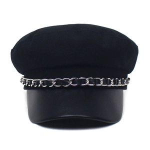 Black wool navy cap with PU leather brim and silver metal chain decoration