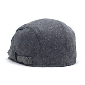 Close-up of heather gray beret hat with adjustable metal buckle and textured fabric