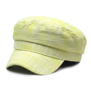 Berretto militare chic in tweed giallo e bianco da donna, accessorio moda autunno e inverno