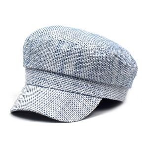 Berretto newsboy da donna in tweed bianco e blu con visiera curva e stile militare