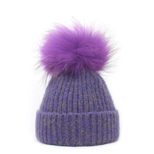 Women Winter Knitted Beanie Hat With Removable Raccoon Fur Pom-Pom Cuffed Warm Mohair Rib-Knit Soft Slouchy Skull Cap