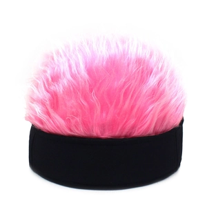 Quirky neon pink wig beanie hat with black wide brim for costume party accessories