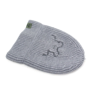 Detailed view of grey knit beanie with bear embroidery and green woven side label