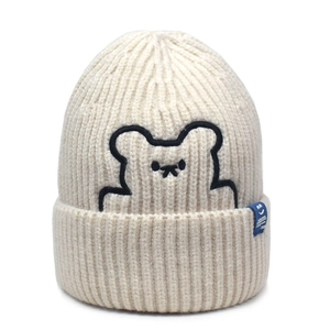 Cozy cream cotton cashmere knit beanie with cute bear embroidery and ribbed rolled edge
