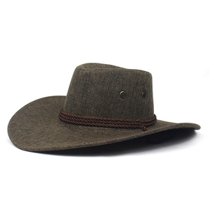 Klassischer brauner Vintage-Leinen-Cowboyhut mit geflochtenem Seilband und Metallösen