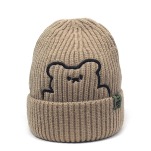 Khaki knit beanie hat with cute bear embroidery and rolled edge for winter warmth