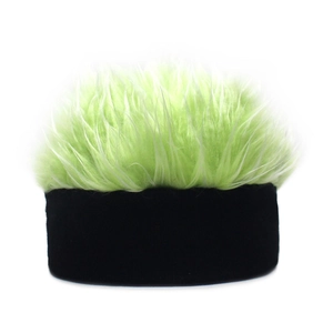 Detail view of funny neon green faux fur wig hat with black velvet base for party