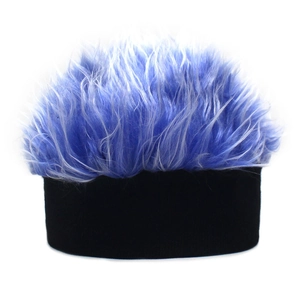 Macro shot of colorful synthetic faux hair wig hat with blue and white gradient fibers