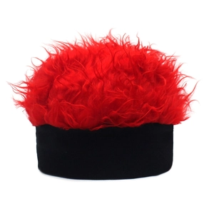 Close-up of fluffy red faux fur top and black knitted brim on a fun party beanie hat