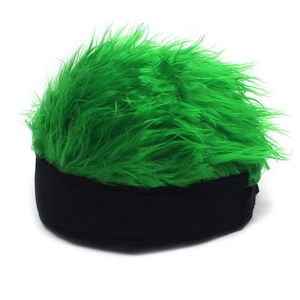 Detail of vibrant green synthetic faux hair on a funny novelty beanie with black brim