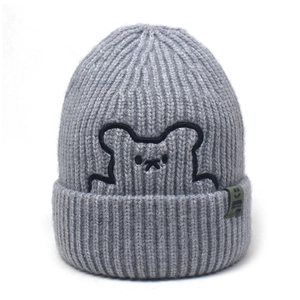 Cute Bear Embroidery Knitted Beanie Hat For Women Winter Warm Rolled Edge Soft Sheep Cashmere Blend Skull Cap