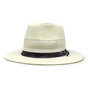 Close-up of wide brim straw hat featuring breathable mesh crown and black leather belt