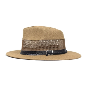 Detail of khaki straw fedora hat featuring breathable mesh crown and black faux leather belt