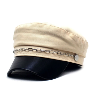 Chic beige and black leather brim baker boy hat with silver chain detail for women